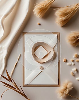 A white rectangular card rests atop a beige envelope on a light surface. The envelope features a wax seal.
