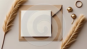 White rectangular card rests atop a beige envelope on a light surface. Flanking the card are two fluffy pampas grass stems