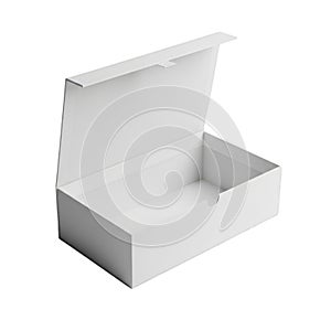 A white rectangular cardboard box with its lid open and empty inside