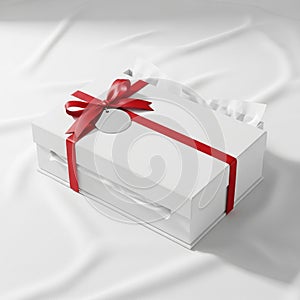 A white rectangular gift box is elegantly adorned with a glossy red