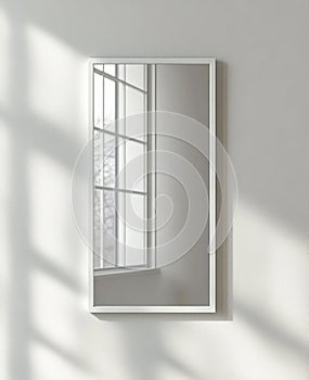 Sunlight Reflecting in a White Framed Mirror on a Textured Wall