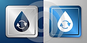 White Recycle clean aqua icon isolated on blue and grey background. Drop of water with sign recycling. Silver and blue