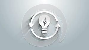 White Recycle and light bulb with lightning symbol icon isolated on grey background. Light lamp sign. Idea symbol. 4K