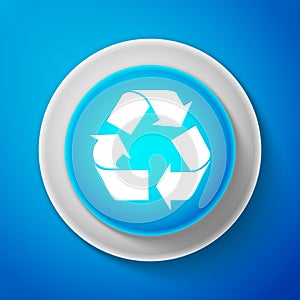 White Recycle symbol icon isolated on blue background. Environment recyclable go green. Circle blue button with white