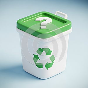 White recycling bin with a green lid, featuring a large white question mark on top. The