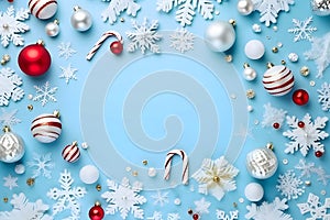 White, red baubles and snowflakes on azure blue background. Top view.Christmas bright background, banner with space for your own