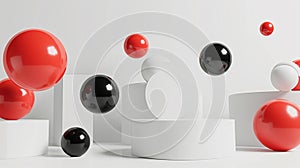 white, red and black Floating spheres empty space for product show on white . Generative Ai