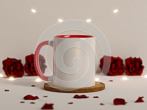 White and Red Ceramic Mug with Background Lights Unfocused on a White Background with Red Roses