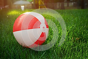 White and red color of the ball in the garden green grass