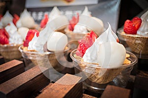 White red delicious strawberry fruit Japanese sweet dessert cake, tasty pink ingredient bean mochi soft cream ball for asian Japan