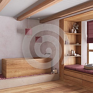 White and red farmhouse bathroom with wooden bathtub. Window with bench and pillows, plaster concrete walls. Japandi interior