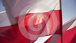 White and red flags seen from very close up wave in the summer wind. The flag of the Polish state.
