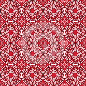 White on red hand drawn wavy line tile in a circle seamless repeat pattern background