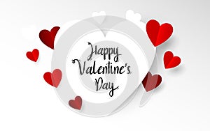 White and Red Heart with Happy valentines day typography. Paper art and craft style