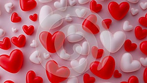 White and red heart shapes pattern background, 3d rendering