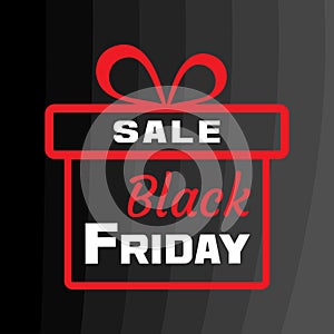 White and red inscriptions SALE. BLACK FRIDAY. Red gift box on black background. Vector illustration