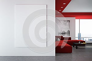 White and red living room interior, poster, wall