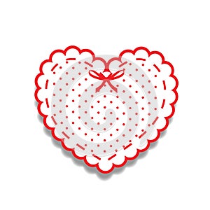 White and red paper cut heart sticker with ribbon and polka dots
