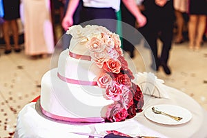 White red pink wedding cake with roses