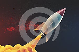 White and red rocket flying in space