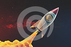 White and red rocket in space, fire