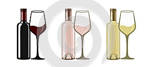 White, red and rose wine bottles and glasses, flat style vector illustration isolated on white background