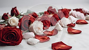 White and red roses on white table background. Generative AI