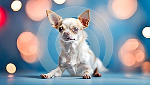 White with red spots dog breed Chihuahua on a blue background. Portrait of a dog