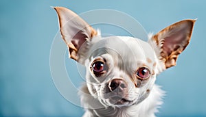 White with red spots dog breed Chihuahua on a blue background. Portrait of a dog