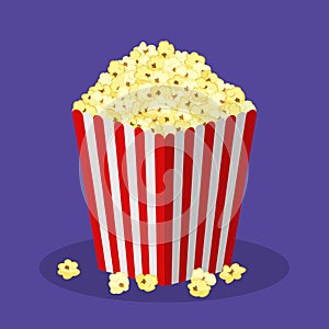 White and red striped paper popcorn bag isolated on background. Classic movie-theater full popcorn box. food cinema