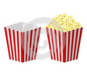 White and red striped paper popcorn bag isolated on white background. Classic movie-theater full and empty popcorn box