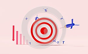 White red target with darts or arrow,bar graph isolated on pink pastel background,miss the target, overshoot concept,3d