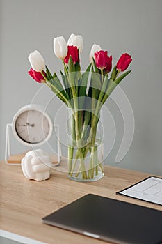 White and red tulips in glass vase on desktop with clock, laptop and glider on a grey blackground