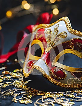 White and red Venetian carnival mask, masquerade trappings, party outfit photo