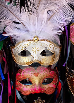 White Red Venetian Masks White Feathers Venice