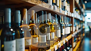 White and red wine bottles on wooden racks in wine store