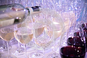 White and red wine glasses for party in club