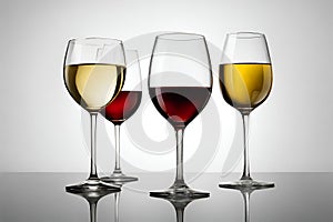 White and red wine glasses and water isolated over white background.