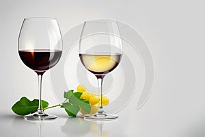 White and red wine glasses and white grape isolated over white background.