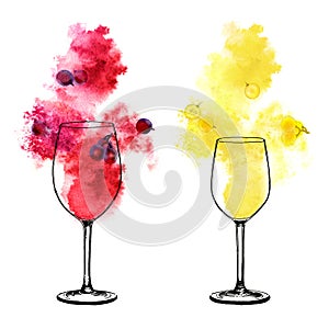 White and red wine splashes and winy glasses on white background. Hand-painted watercolor illustration