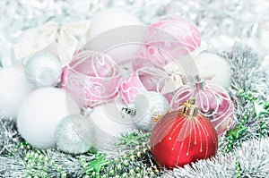 white and red xmas ornaments and Christmas balls on glitter holiday background. Merry christmas card. Winter holidays. Xmas theme