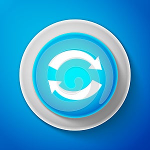 White Refresh icon isolated on blue background. Reload symbol. Rotation arrows in a circle sign. Circle blue button with