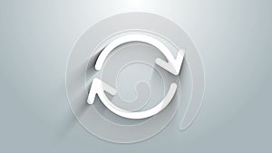 White Refresh icon isolated on grey background. Reload symbol. Rotation arrows in a circle sign. 4K Video motion graphic