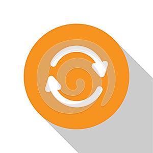 White Refresh icon isolated on white background. Reload symbol. Rotation arrows in a circle sign. Orange circle button