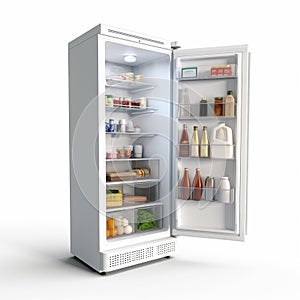 White refrigerator filled with food, bottles, and liquids in shelving