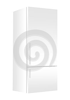 White refrigerator with freezer on white background. Modern 3d fridge with door. Home kitchen electrical appliance