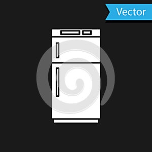 White Refrigerator icon isolated on black background. Fridge freezer refrigerator. Household tech and appliances. Vector