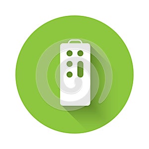 White Remote control icon isolated with long shadow. Green circle button. Vector