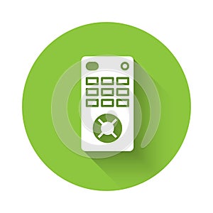 White Remote control icon isolated with long shadow. Green circle button. Vector Illustration