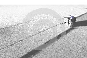 White render in aerial photo style of huge wheat agricultural harvester working on field for using as template or background,